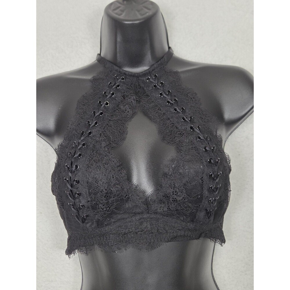 Victorias Secret Very Sexy Halter Keyhole Sheer Black XL Lace Up Goth Grunge Top